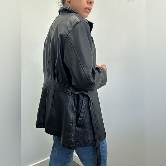Jacqueline Ferrar 90's Vintage Black Leather Jacket Mid Length Waist Tie Size M - Picture 2 of 11